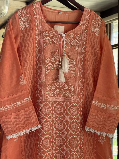 Terracotta Shade Malmal Straight Cut Chikankari Kamdani Kurta Set