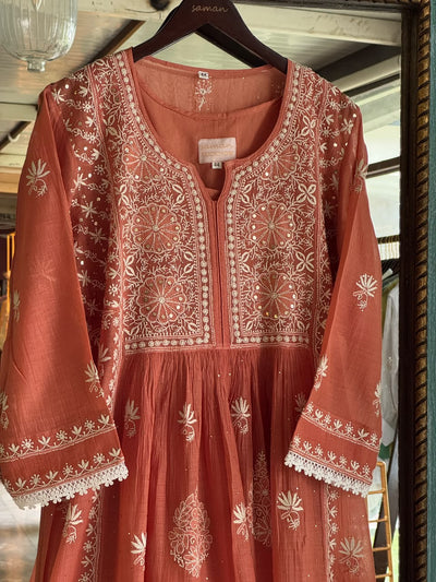 Terracotta Shade Shade Malmal Tux Chikankari Kamdani Dress Kurta Set