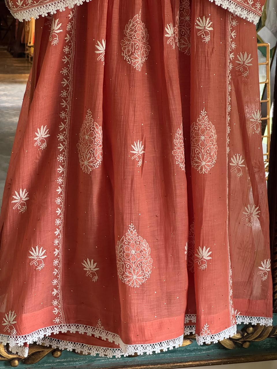 Terracotta Shade Shade Malmal Tux Chikankari Kamdani Dress Kurta Set