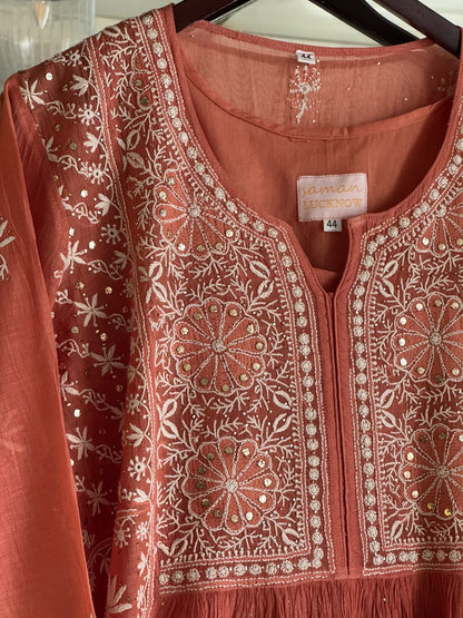 Terracotta Shade Shade Malmal Tux Chikankari Kamdani Dress Kurta Set
