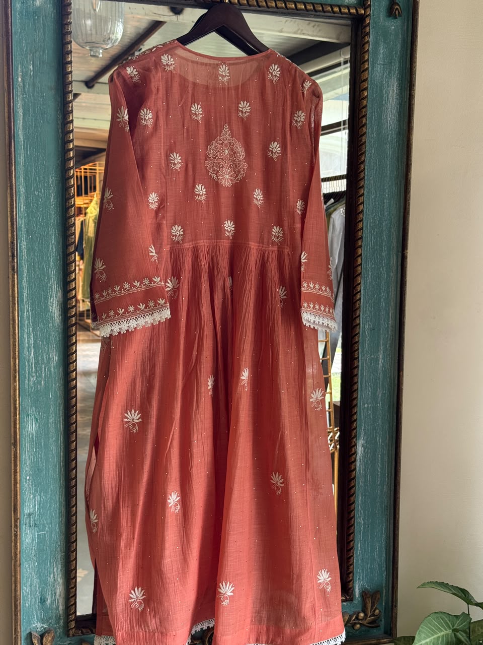 Terracotta Shade Shade Malmal Tux Chikankari Kamdani Dress Kurta Set
