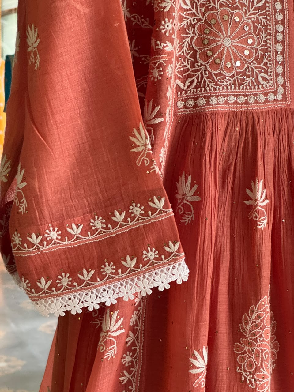 Terracotta Shade Shade Malmal Tux Chikankari Kamdani Dress Kurta Set