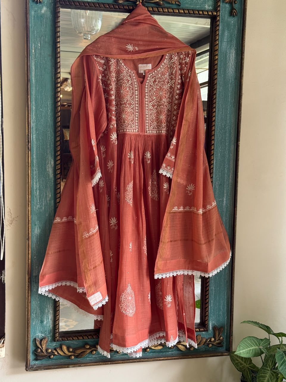Terracotta Shade Shade Malmal Tux Chikankari Kamdani Dress Kurta Set