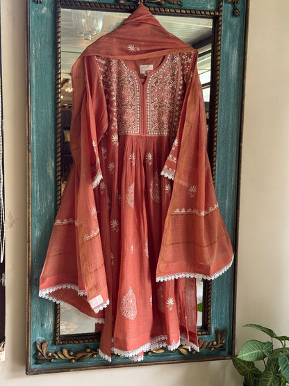 Terracotta Shade Shade Malmal Tux Chikankari Kamdani Dress Kurta Set