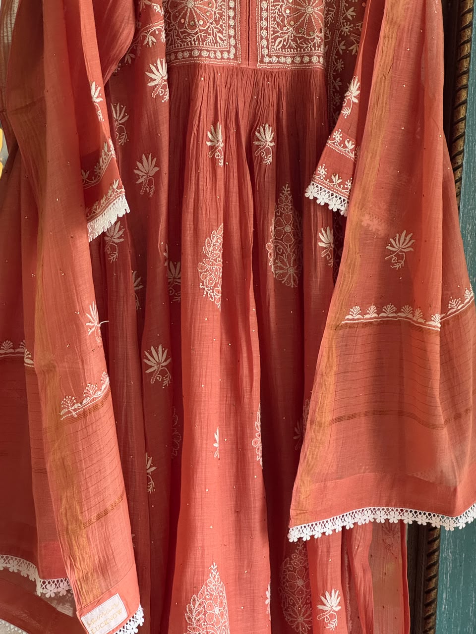 Terracotta Shade Shade Malmal Tux Chikankari Kamdani Dress Kurta Set