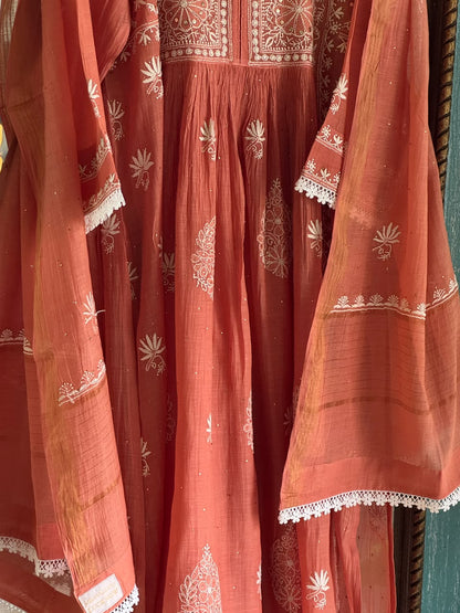 Terracotta Shade Shade Malmal Tux Chikankari Kamdani Dress Kurta Set
