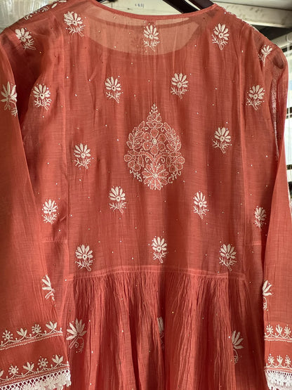 Terracotta Shade Shade Malmal Tux Chikankari Kamdani Dress Kurta Set