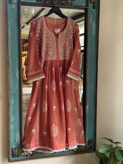 Terracotta Shade Shade Malmal Tux Chikankari Kamdani Dress Kurta Set