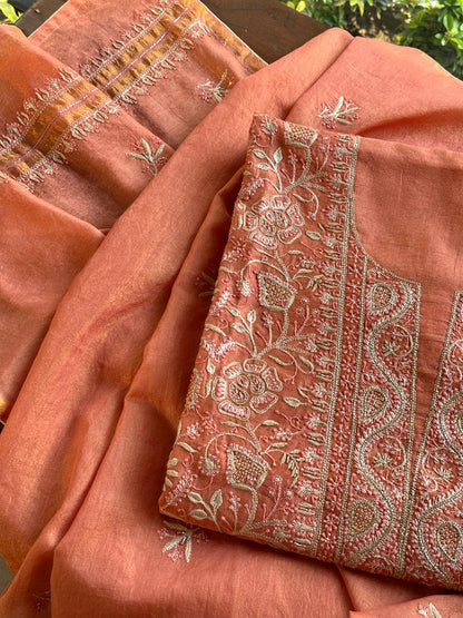 Terrracotta Peach Shade Roheen Tissue Silk Chikankari Unstitched Fabric