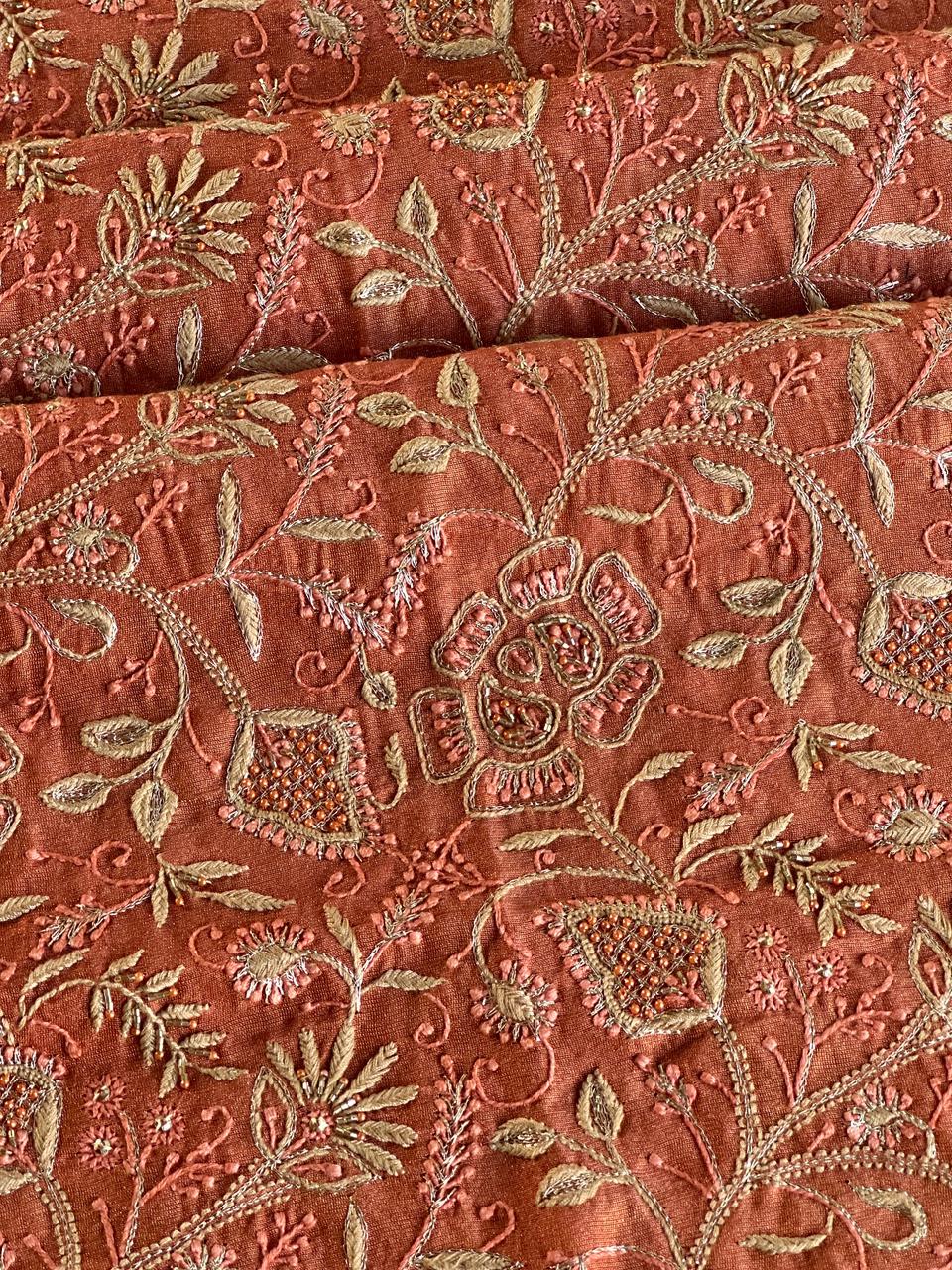 Terrracotta Peach Shade Roheen Tissue Silk Chikankari Unstitched Fabric