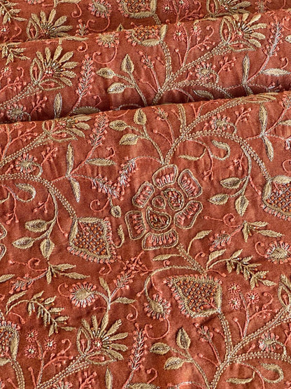 Terrracotta Peach Shade Roheen Tissue Silk Chikankari Unstitched Fabric