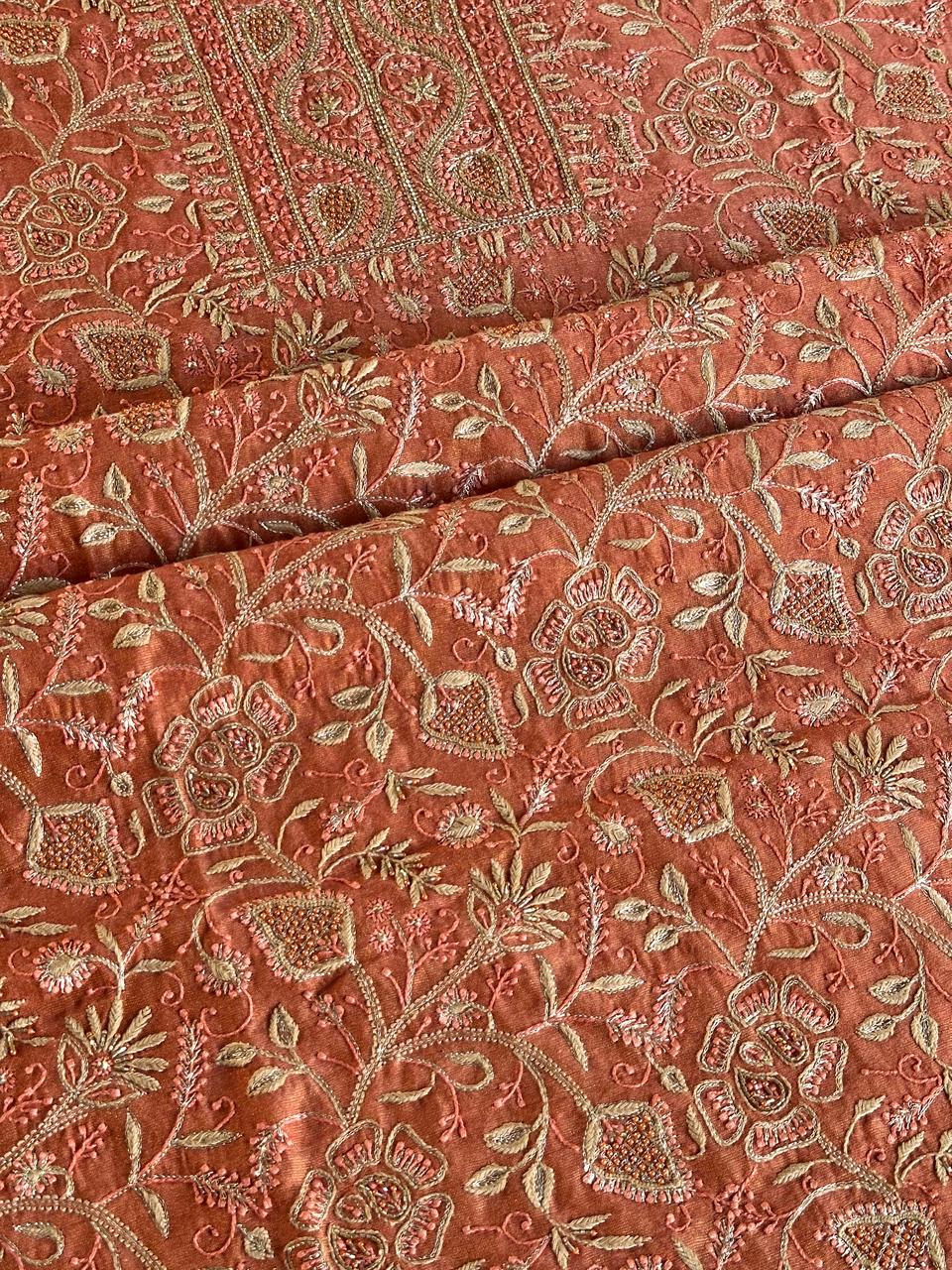 Terrracotta Peach Shade Roheen Tissue Silk Chikankari Unstitched Fabric
