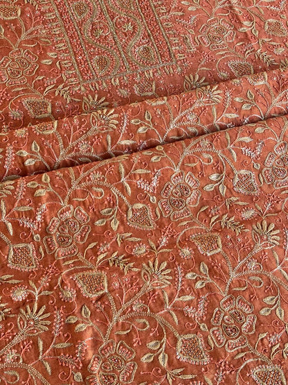 Terrracotta Peach Shade Roheen Tissue Silk Chikankari Unstitched Fabric