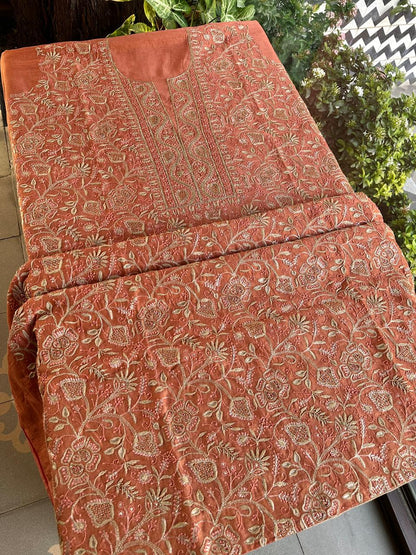Terrracotta Peach Shade Roheen Tissue Silk Chikankari Unstitched Fabric
