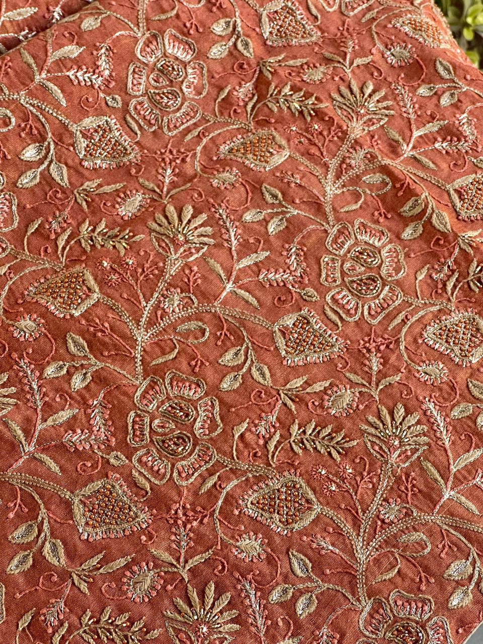 Terrracotta Peach Shade Roheen Tissue Silk Chikankari Unstitched Fabric