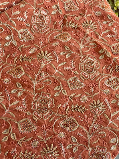 Terrracotta Peach Shade Roheen Tissue Silk Chikankari Unstitched Fabric