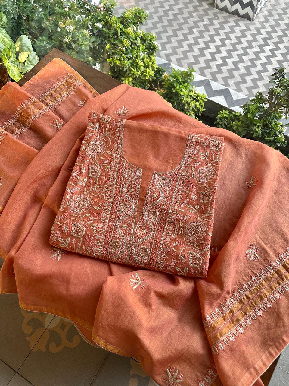 Terrracotta Peach Shade Roheen Tissue Silk Chikankari Unstitched Fabric