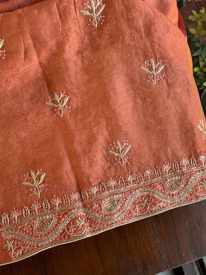 Terrracotta Peach Shade Roheen Tissue Silk Chikankari Unstitched Fabric