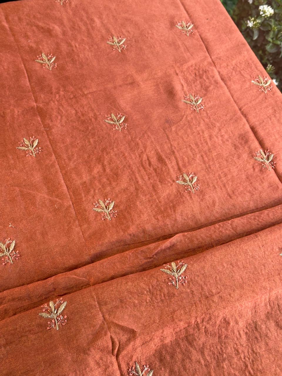 Terrracotta Peach Shade Roheen Tissue Silk Chikankari Unstitched Fabric