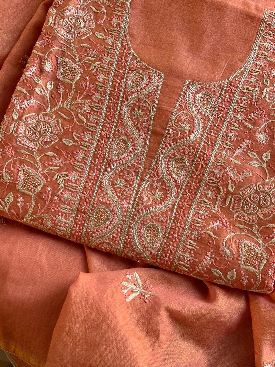Terrracotta Peach Shade Roheen Tissue Silk Chikankari Unstitched Fabric