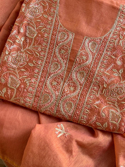 Terrracotta Peach Shade Roheen Tissue Silk Chikankari Unstitched Fabric