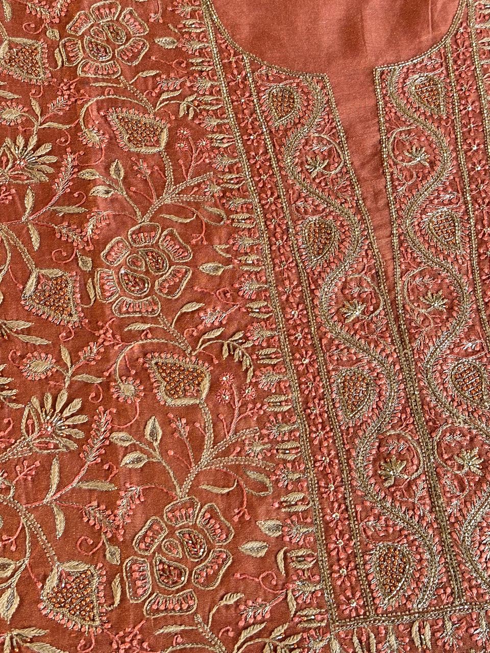 Terrracotta Peach Shade Roheen Tissue Silk Chikankari Unstitched Fabric