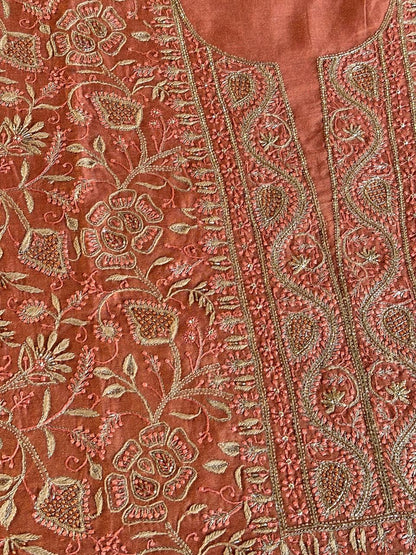 Terrracotta Peach Shade Roheen Tissue Silk Chikankari Unstitched Fabric