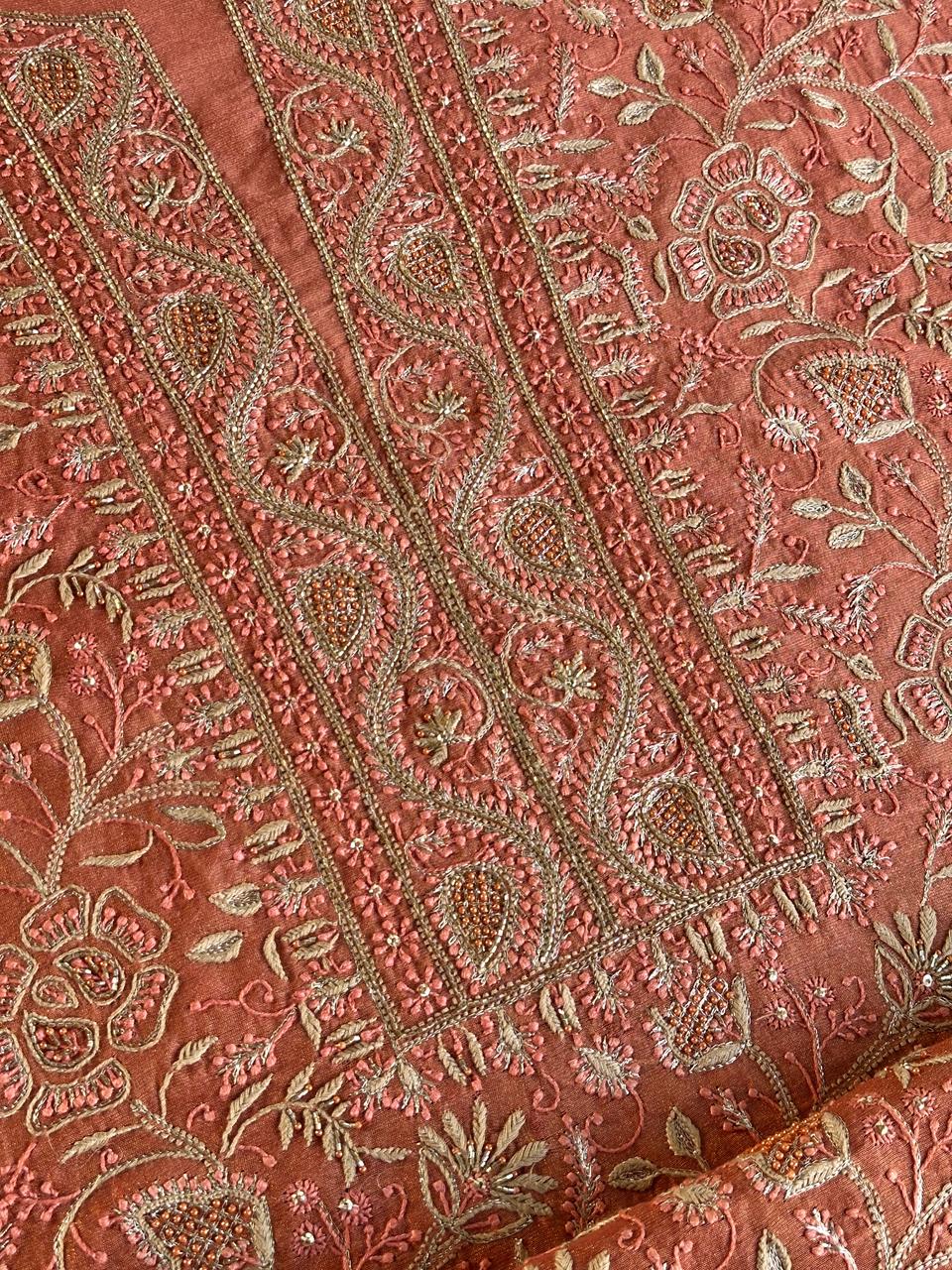 Terrracotta Peach Shade Roheen Tissue Silk Chikankari Unstitched Fabric
