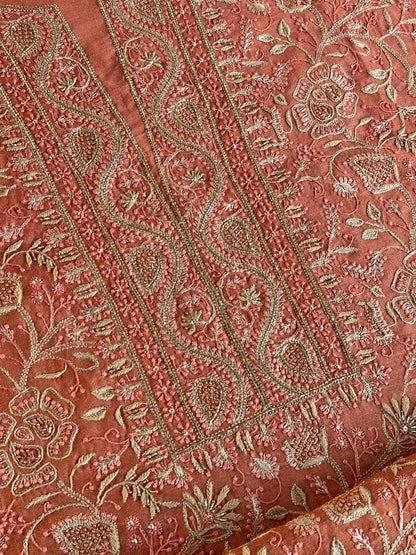 Terrracotta Peach Shade Roheen Tissue Silk Chikankari Unstitched Fabric