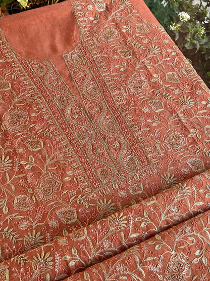 Terrracotta Peach Shade Roheen Tissue Silk Chikankari Unstitched Fabric