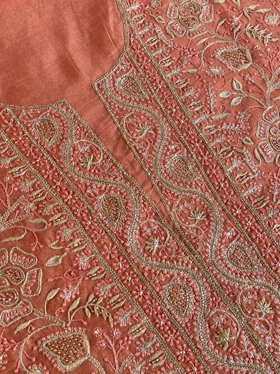Terrracotta Peach Shade Roheen Tissue Silk Chikankari Unstitched Fabric