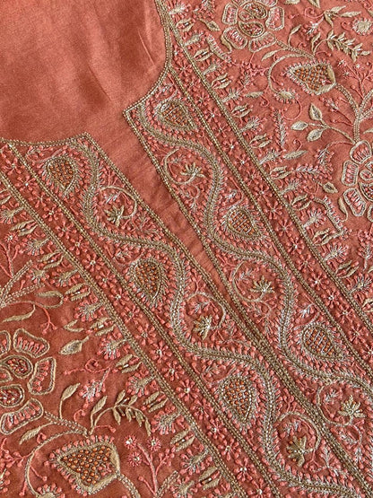 Terrracotta Peach Shade Roheen Tissue Silk Chikankari Unstitched Fabric