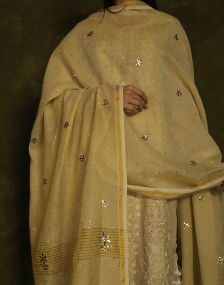 Tissue Silk Mukaish Badla Dupatta With Zari Border
