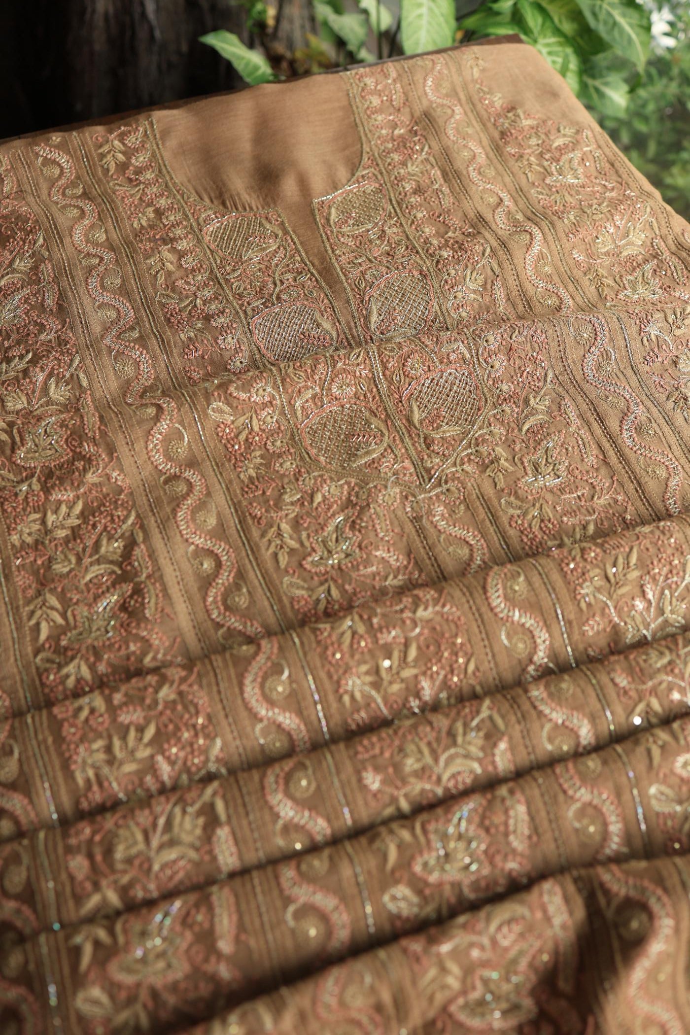Tobacco Brown Shade Moonga Silk Chikankari Unstitched Fabric