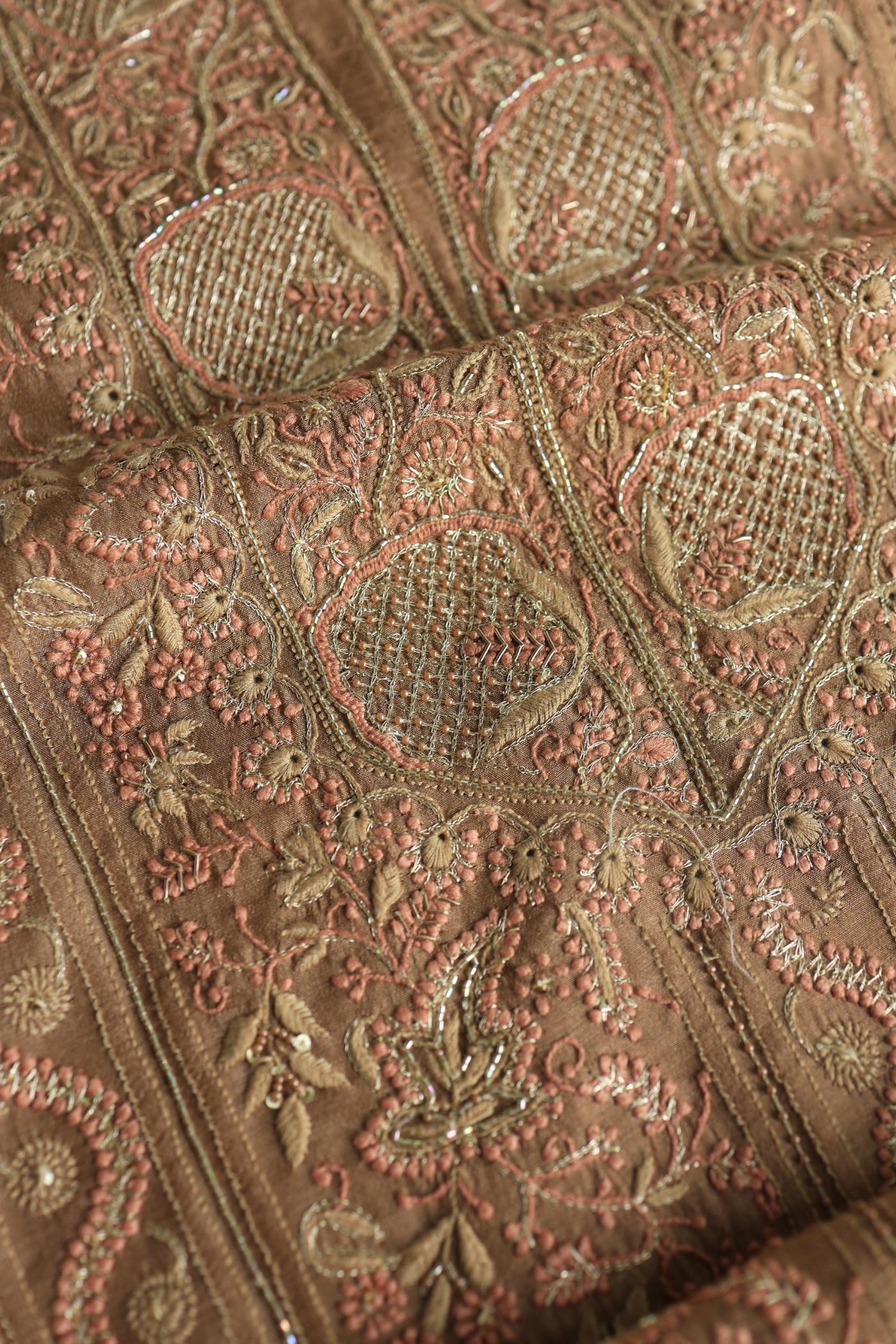 Tobacco Brown Shade Moonga Silk Chikankari Unstitched Fabric