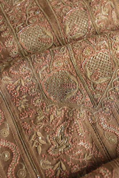 Tobacco Brown Shade Moonga Silk Chikankari Unstitched Fabric