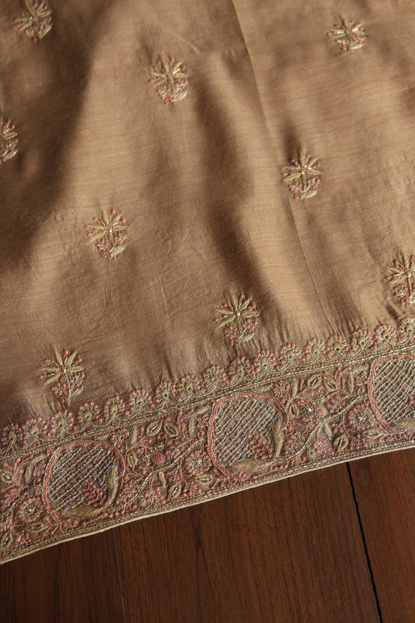 Tobacco Brown Shade Moonga Silk Chikankari Unstitched Fabric