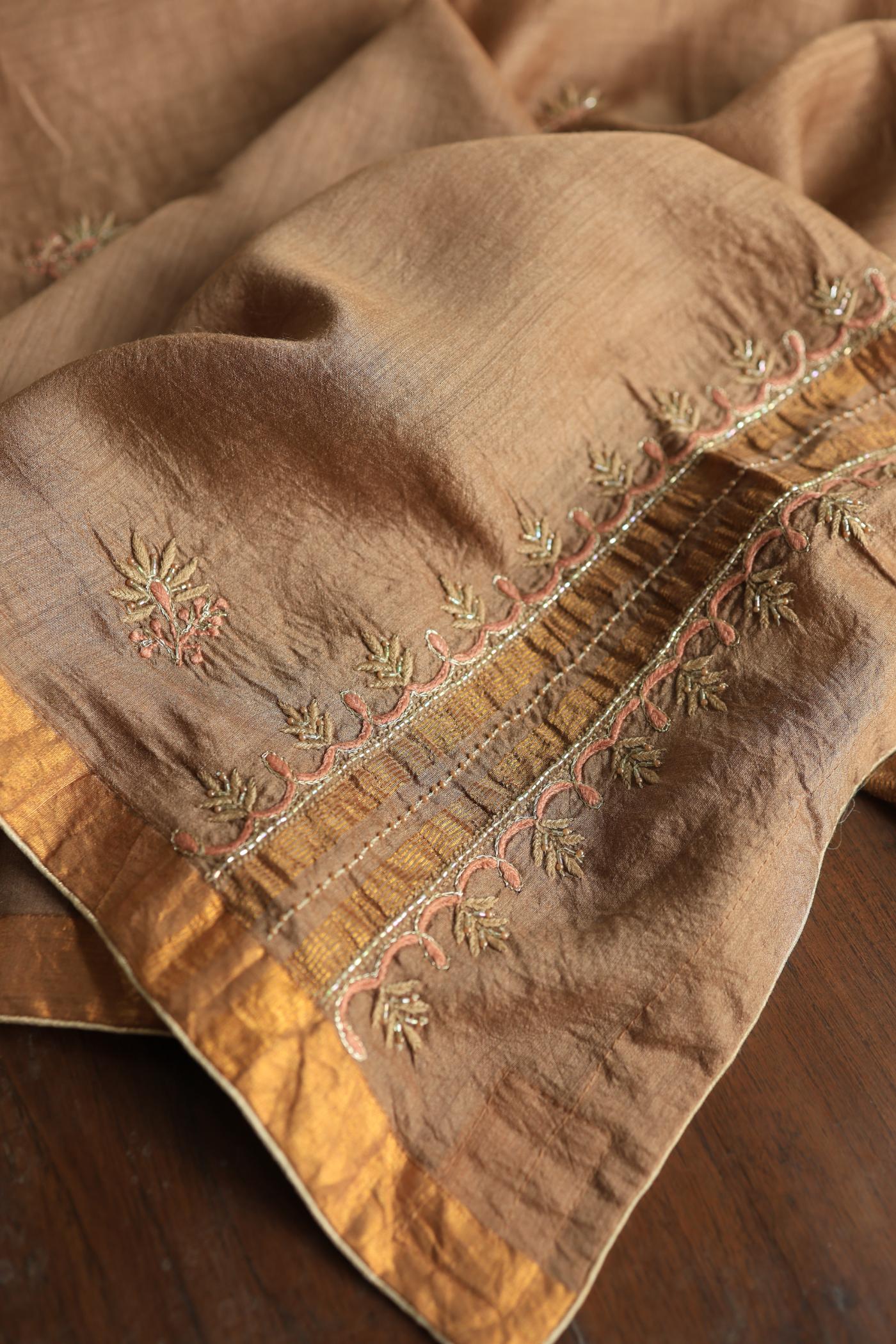 Tobacco Brown Shade Moonga Silk Chikankari Unstitched Fabric