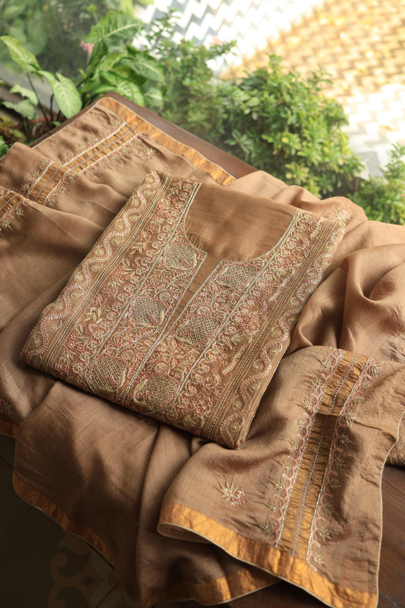 Tobacco Brown Shade Moonga Silk Chikankari Unstitched Fabric