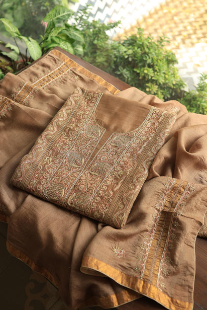 Tobacco Brown Shade Moonga Silk Chikankari Unstitched Fabric