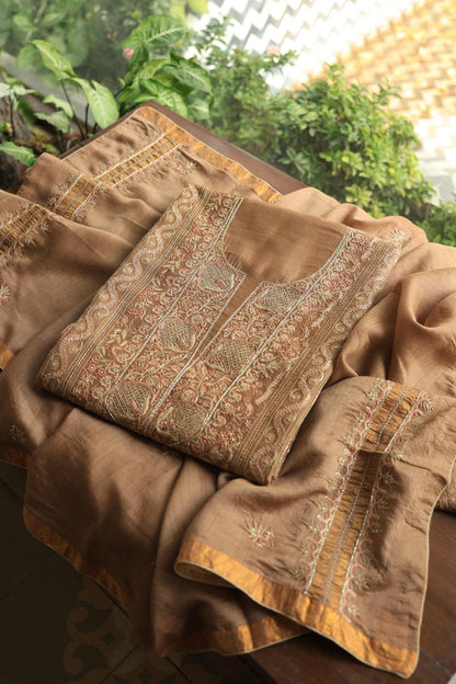 Tobacco Brown Shade Moonga Silk Chikankari Unstitched Fabric