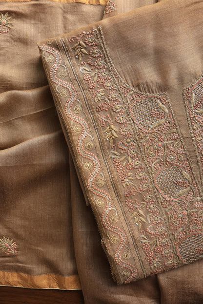 Tobacco Brown Shade Moonga Silk Chikankari Unstitched Fabric