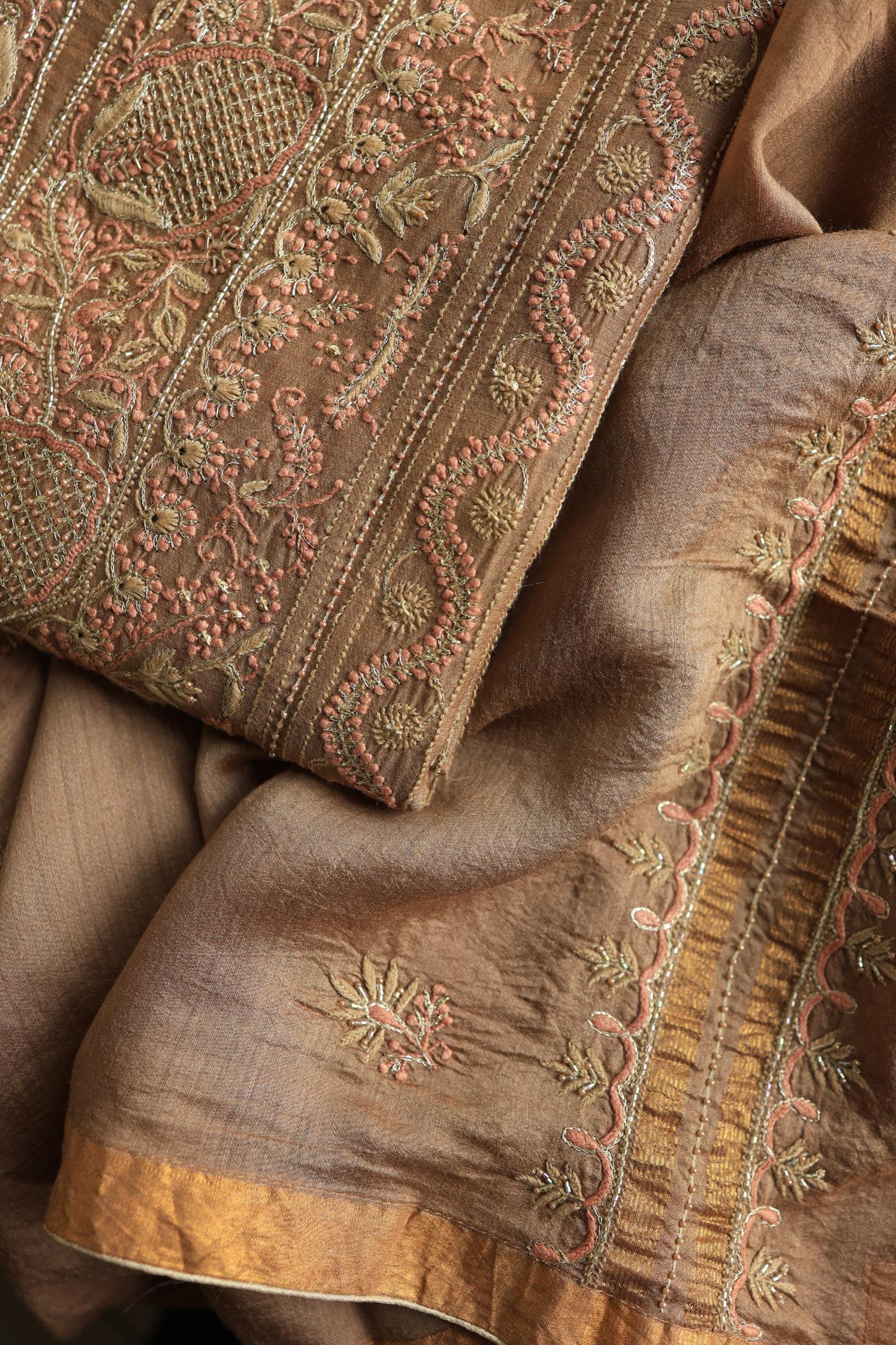 Tobacco Brown Shade Moonga Silk Chikankari Unstitched Fabric