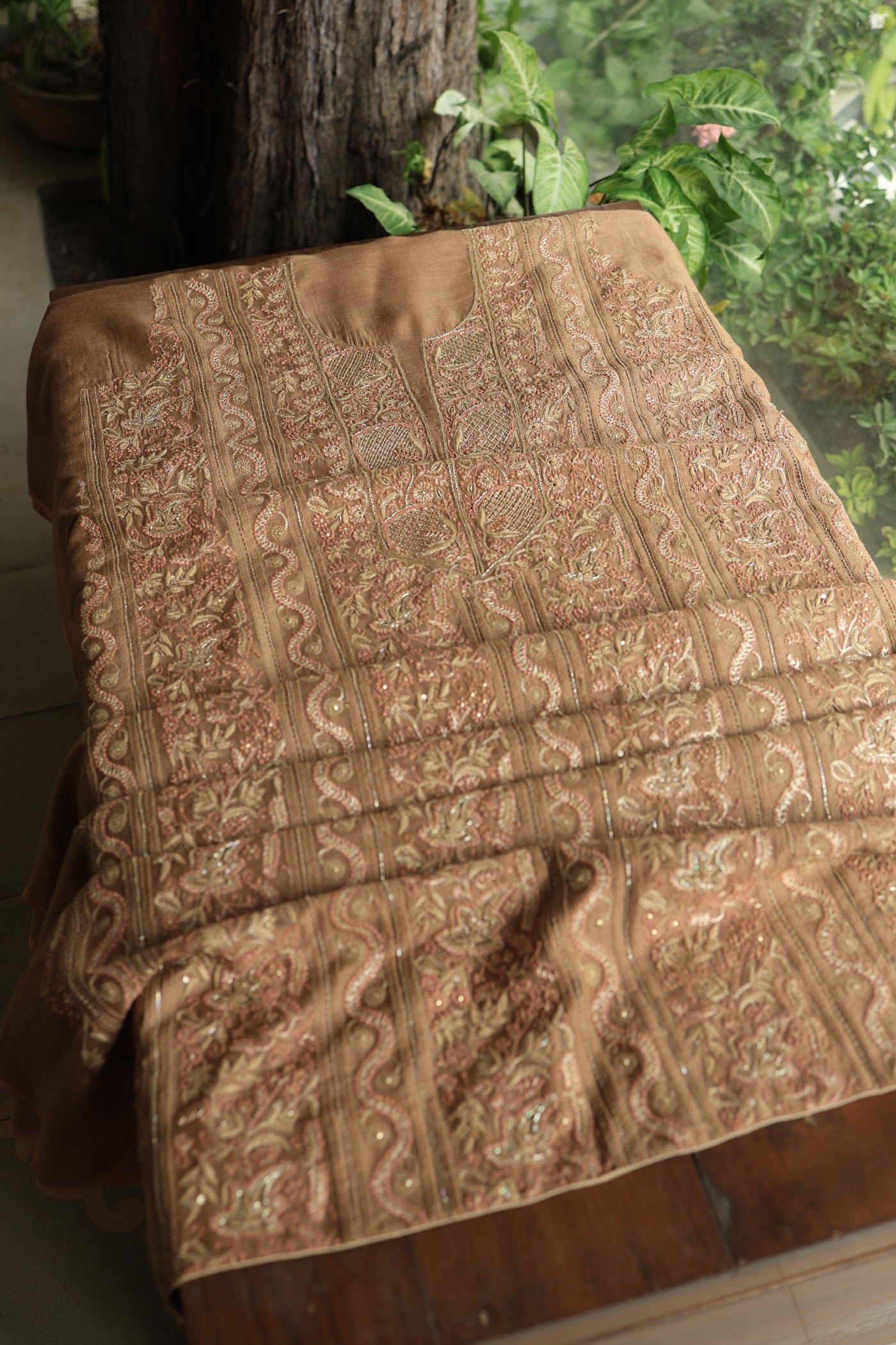 Tobacco Brown Shade Moonga Silk Chikankari Unstitched Fabric