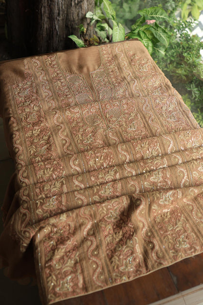 Tobacco Brown Shade Moonga Silk Chikankari Unstitched Fabric