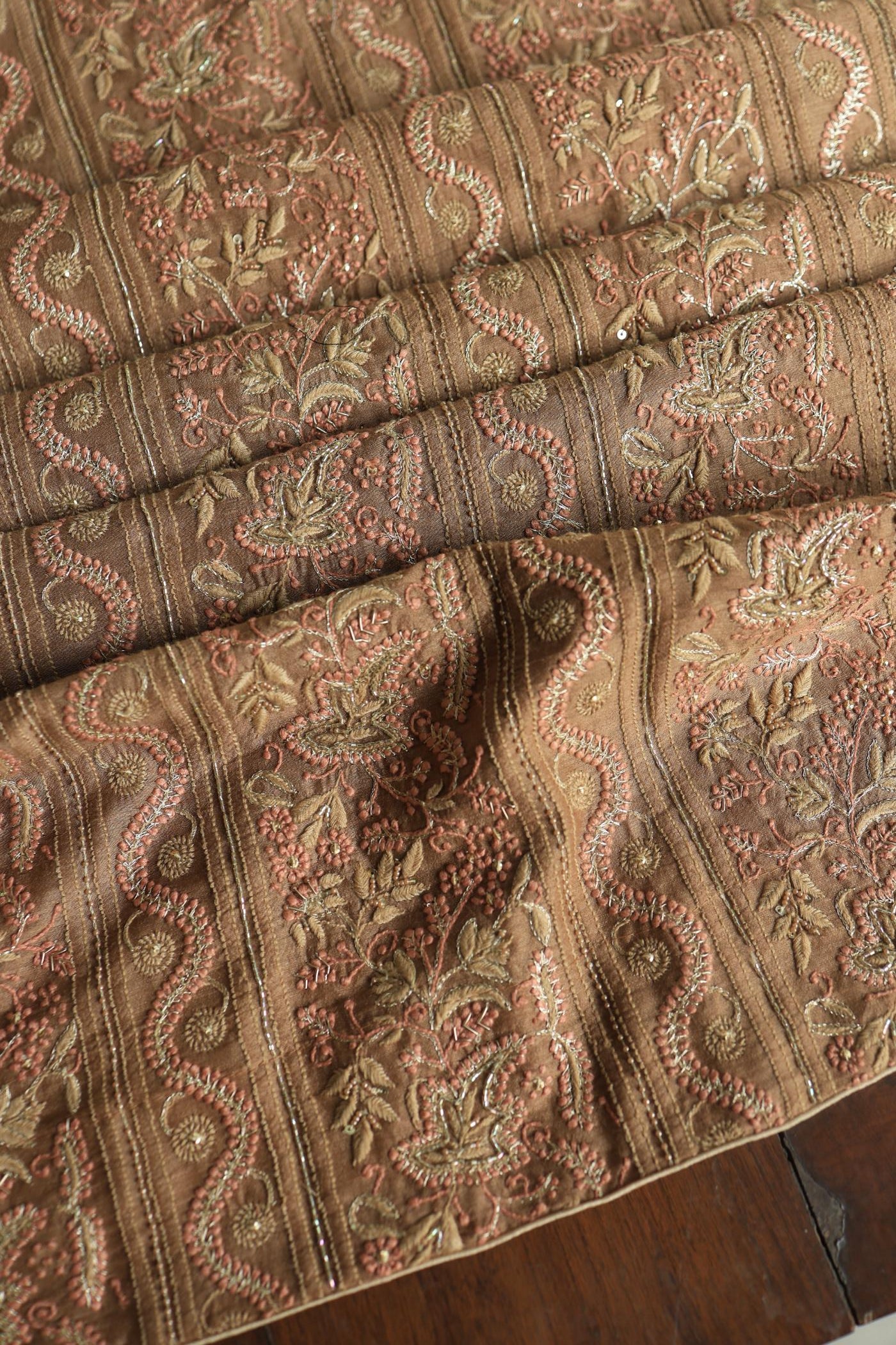 Tobacco Brown Shade Moonga Silk Chikankari Unstitched Fabric