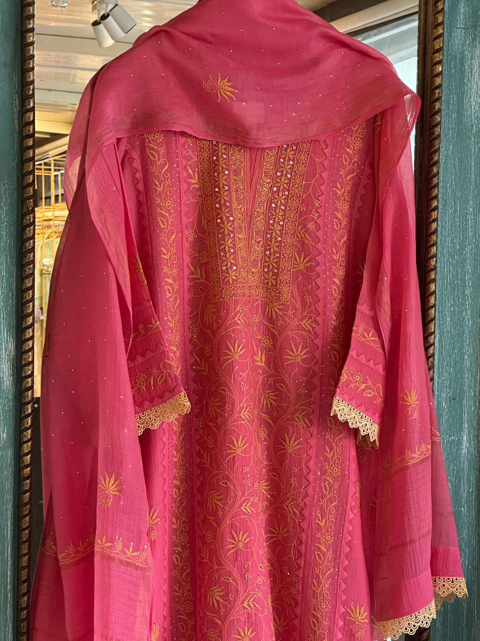 Tulip Pink Malmal Mukaish Kamdani Chikankari Stitched Kurta Dupatta Set