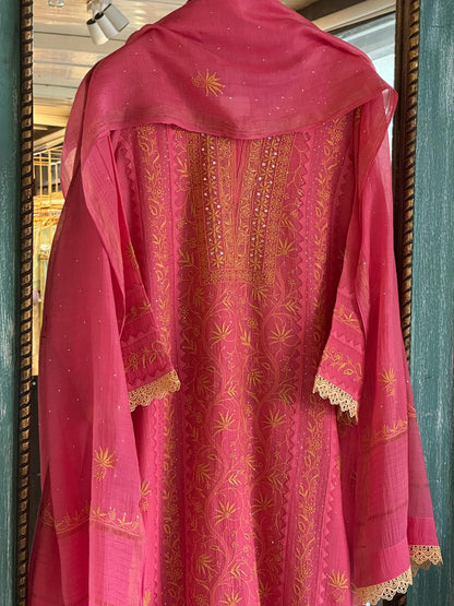 Tulip Pink Malmal Mukaish Kamdani Chikankari Stitched Kurta Dupatta Set