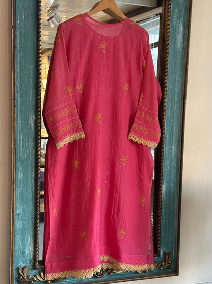 Tulip Pink Malmal Mukaish Kamdani Chikankari Stitched Kurta Dupatta Set