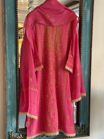 Tulip Pink Malmal Mukaish Kamdani Chikankari Stitched Kurta Dupatta Set